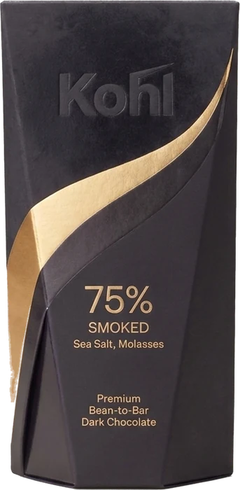 Kohl Smoked 75% carton: matte black sleeve cut by a gold and ink and gold foil swoosh