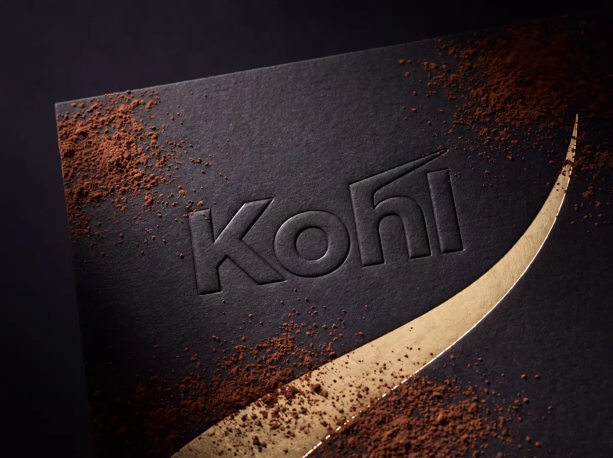 The Kohl wordmark embossed on black card beside a gold foil stroke and cacao dust