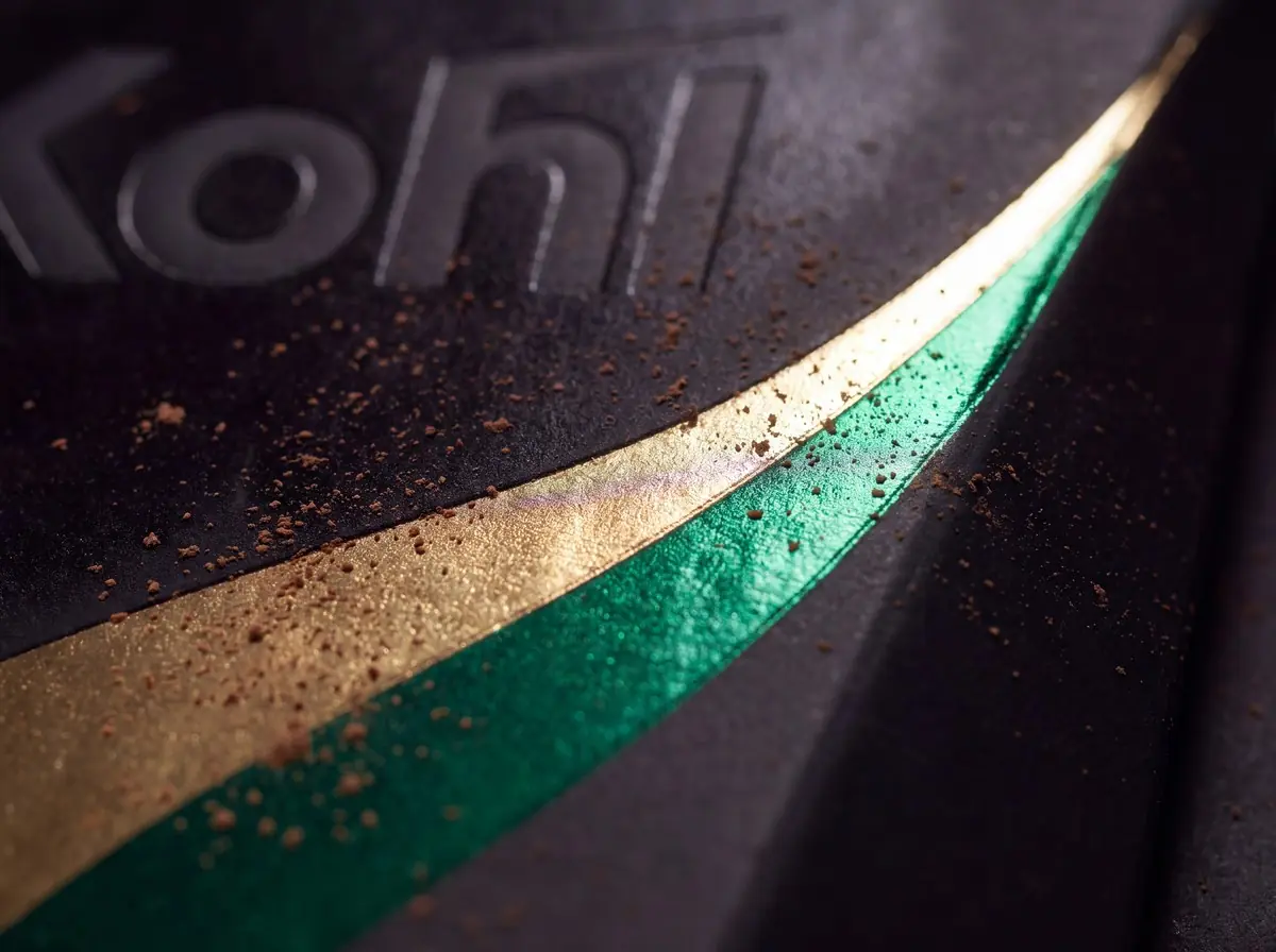 Macro of a Kohl sleeve: the embossed logo and a gold and emerald foil swoosh dusted with cacao