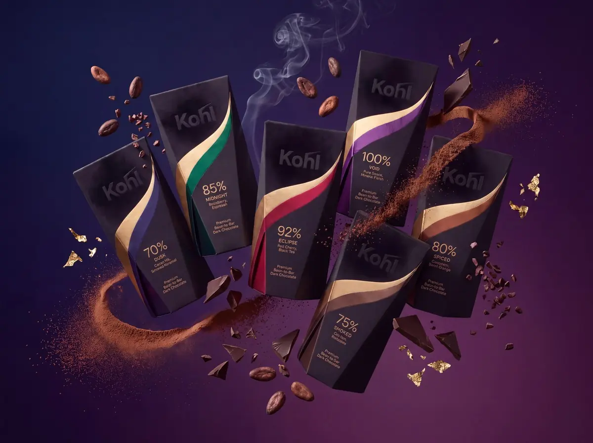 Kohl cartons suspended mid-air among cacao beans and gold leaf