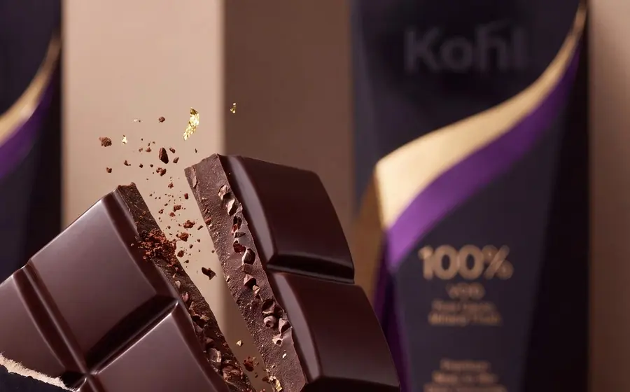 A dark chocolate bar snapping in two, crumbs and gold leaf in the air
