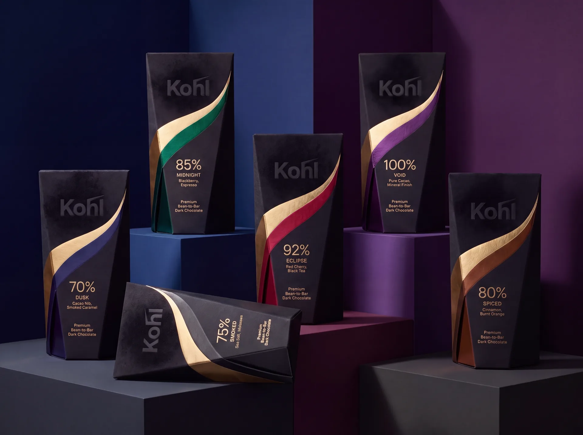 The six Kohl cartons, 70% Dusk to 100% Void, standing on indigo and plum plinths